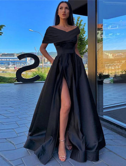 NumberSea - A - Line Prom Dresses Little Black Dress Dress Formal Wedding Party Floor Length Short Sleeve Off Shoulder Satin with Ruched Slit