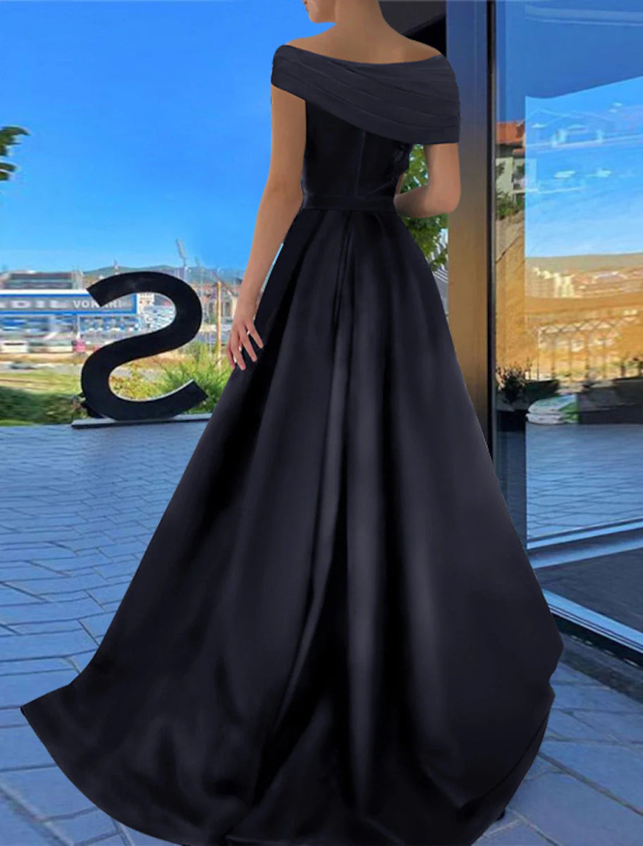 NumberSea - A - Line Prom Dresses Little Black Dress Dress Formal Wedding Party Floor Length Short Sleeve Off Shoulder Satin with Ruched Slit