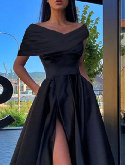 NumberSea - A - Line Prom Dresses Little Black Dress Dress Formal Wedding Party Floor Length Short Sleeve Off Shoulder Satin with Ruched Slit