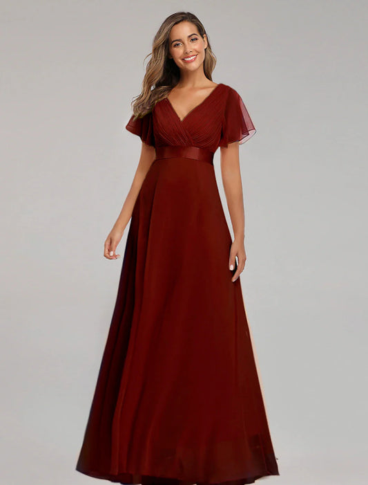 NumberSea - A - Line Prom Dresses Maxi Dress Fall Wedding Guest Dress For Bridesmaid Floor Length Short Sleeve V Neck Chiffon V Back with Ruched Ruffles