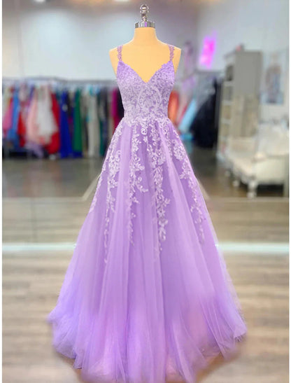 NumberSea - A - Line Prom Dresses Maxi Dress Formal Wedding Guest Court Train Sleeveless Spaghetti Strap Stretch Chiffon with Appliques Shouder Flower