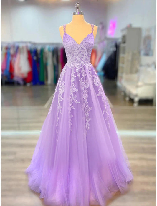 NumberSea - A - Line Prom Dresses Maxi Dress Formal Wedding Guest Court Train Sleeveless Spaghetti Strap Stretch Chiffon with Appliques Shouder Flower