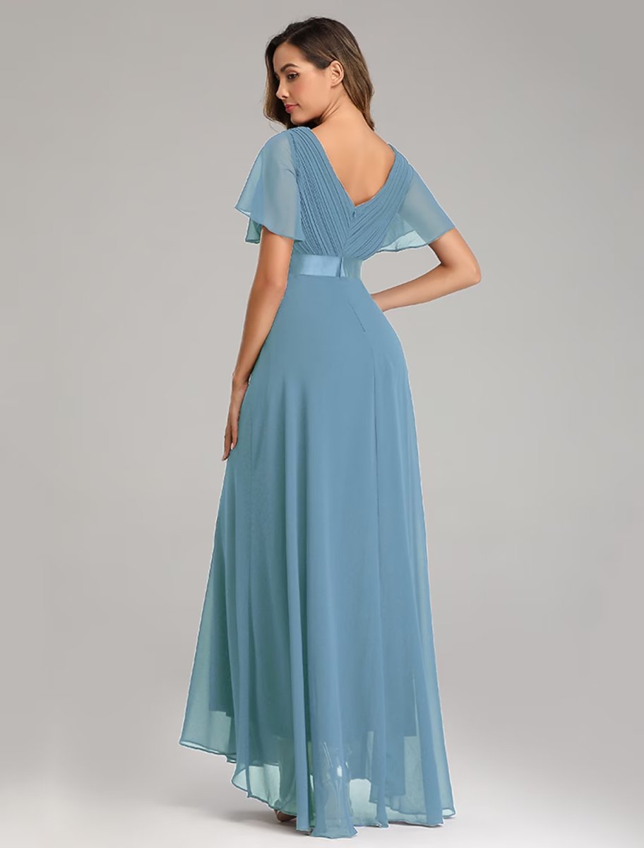 NumberSea - A - Line Prom Dresses Maxi Dress Graduation Floor Length Short Sleeve V Neck Chiffon V Back with Ruched Ruffles