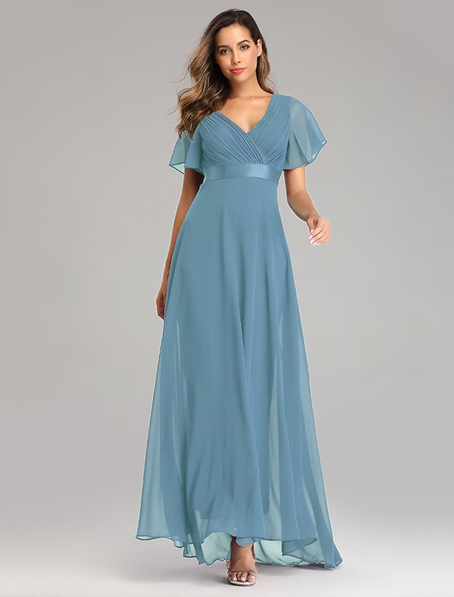 NumberSea - A - Line Prom Dresses Maxi Dress Graduation Floor Length Short Sleeve V Neck Chiffon V Back with Ruched Ruffles