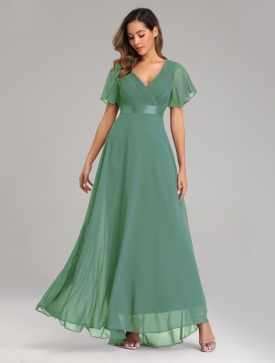 NumberSea - A - Line Prom Dresses Maxi Dress Graduation Floor Length Short Sleeve V Neck Chiffon V Back with Ruched Ruffles