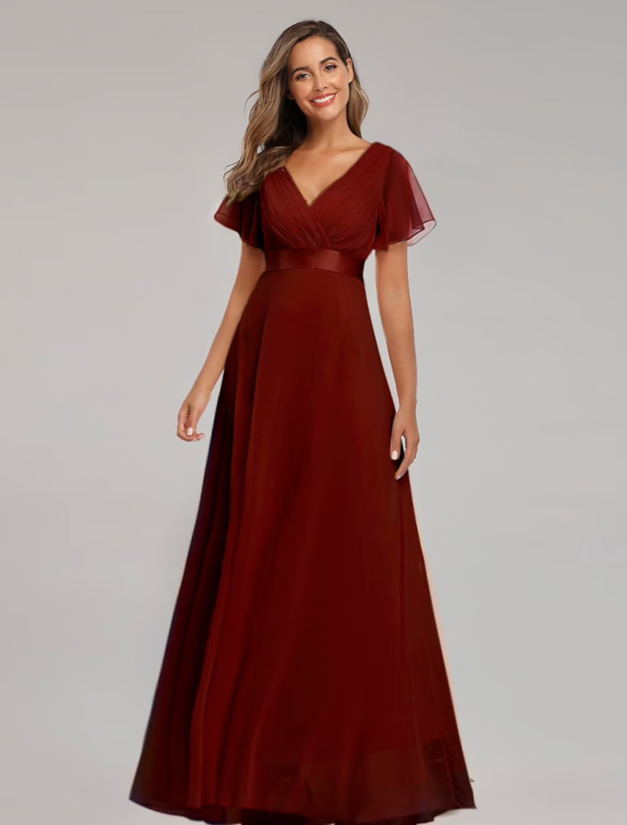 NumberSea - A - Line Prom Dresses Maxi Dress Graduation Floor Length Short Sleeve V Neck Chiffon V Back with Ruched Ruffles