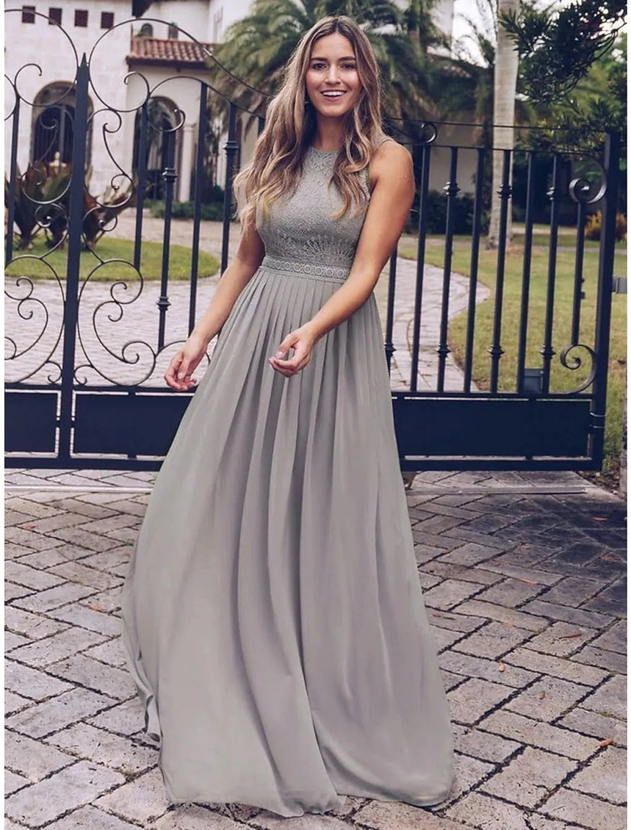 NumberSea - A - Line Prom Dresses Maxi Dress Wedding Guest Floor Length Sleeveless Jewel Neck Chiffon with Pleats Lace Insert