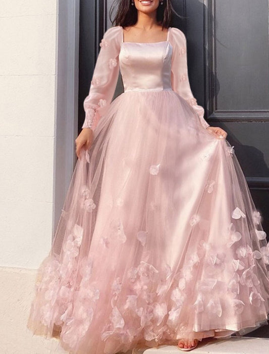 NumberSea - A - Line Prom Dresses Maxi Dress Wedding Guest Sweet 16 Floor Length Long Sleeve Scoop Neck Tulle with Appliques Butterfly