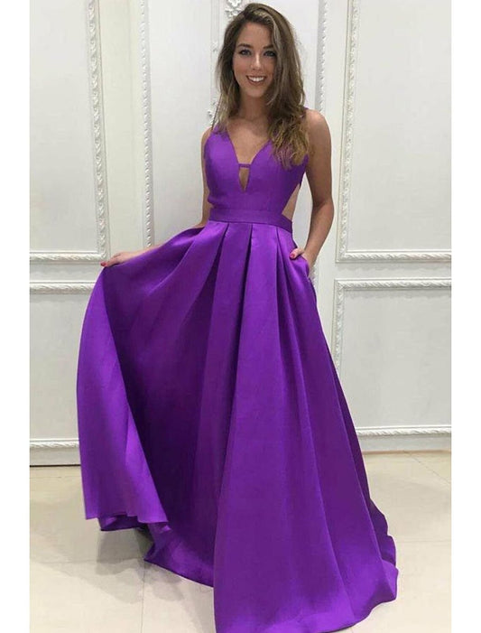 NumberSea - A - Line Prom Dresses Minimalist Dress Formal Prom Floor Length Sleeveless V Neck Pocket Stretch Satin Backless V Back with Pleats Pocket