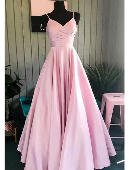 NumberSea - A - Line Prom Dresses Minimalist Dress Formal Wedding Guest Floor Length Sleeveless V Neck Bridesmaid Dress Stretch Satin Backless with Pleats Ruched