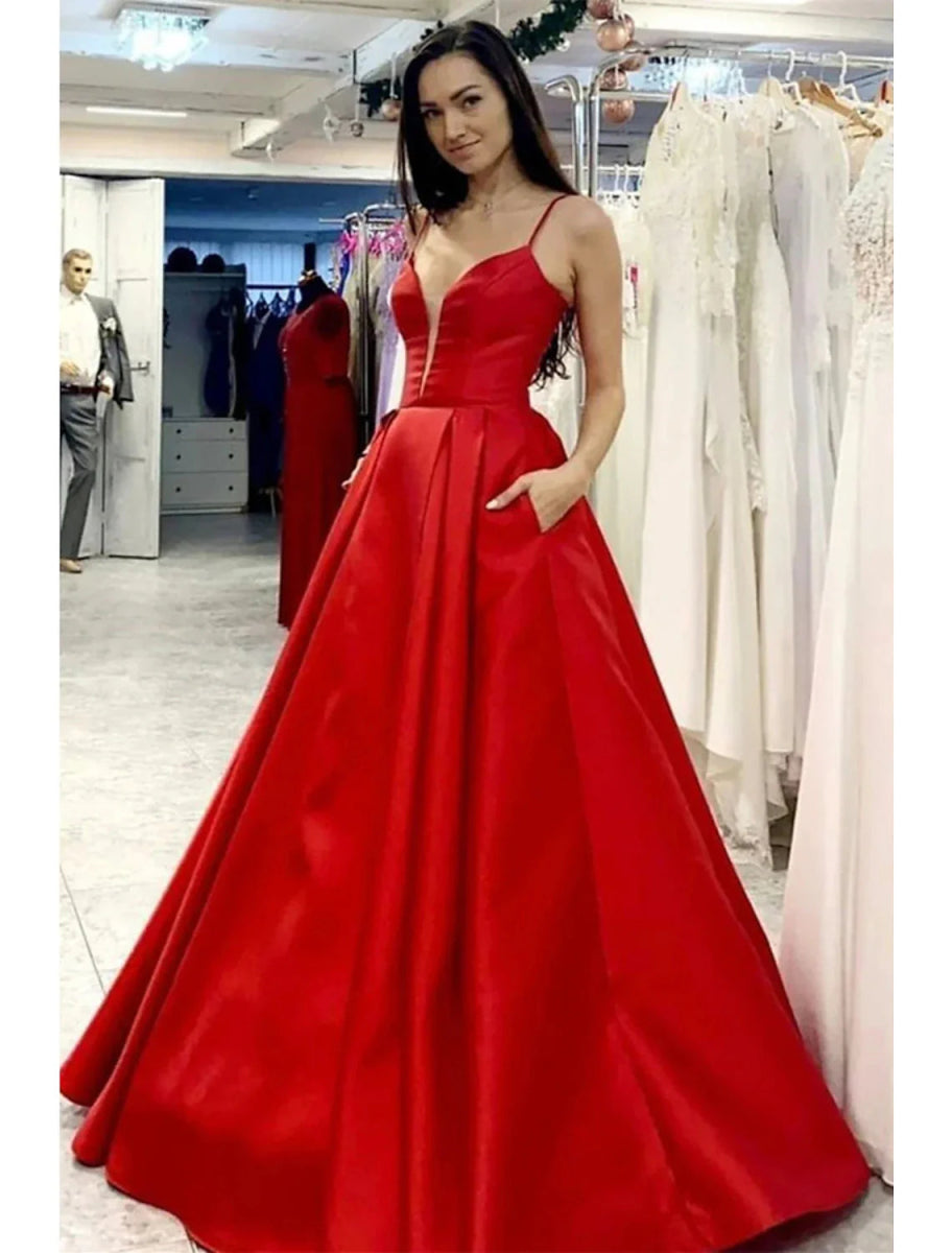 NumberSea - A - Line Prom Dresses Minimalist Dress Formal Wedding Party Floor Length Sleeveless V Neck Pocket Satin with Pleats