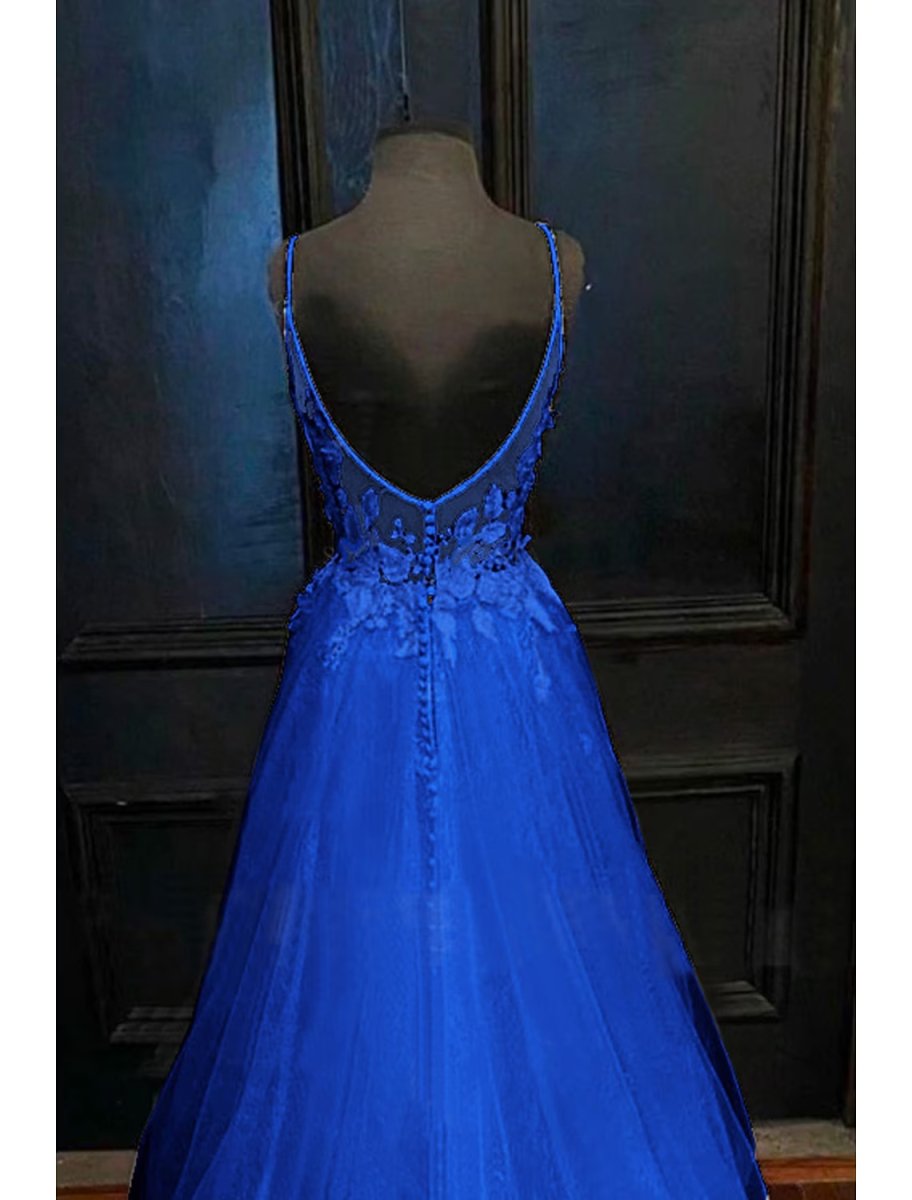 NumberSea - A - Line Prom Dresses Open Back Dress Formal Court Train Sleeveless V Neck Tulle Backless V Back with Beading Appliques