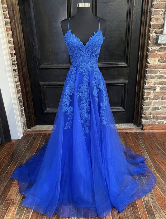 NumberSea - A - Line Prom Dresses Open Back Dress Formal Court Train Sleeveless V Neck Tulle Backless V Back with Beading Appliques