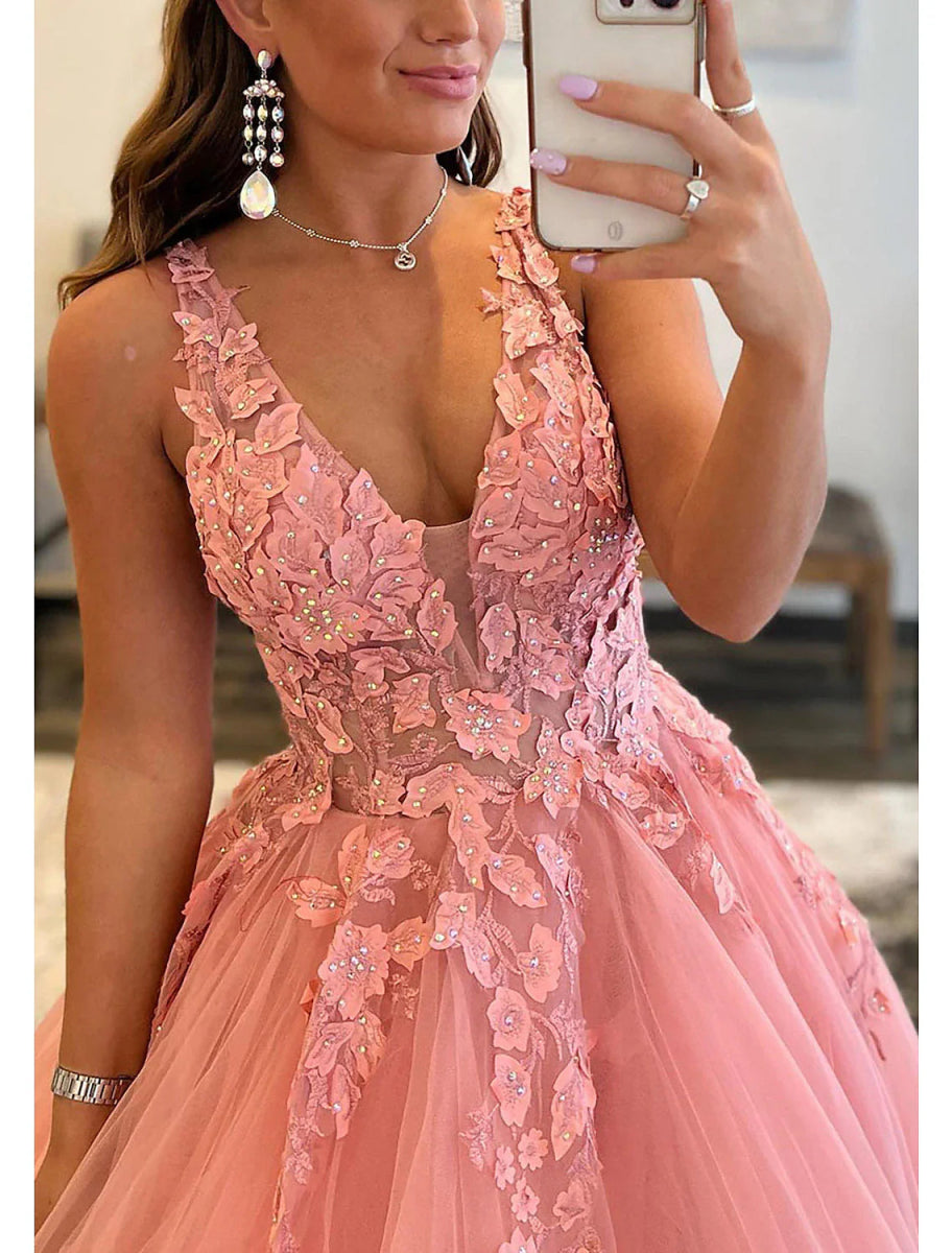 NumberSea - A - Line Prom Dresses Open Back Dress Formal Wedding Guest Floor Length Sleeveless V Neck Tulle Backless with Pleats Beading Appliques