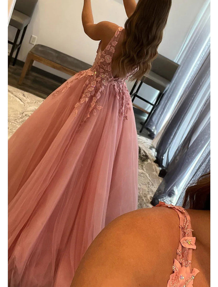 NumberSea - A - Line Prom Dresses Open Back Dress Formal Wedding Guest Floor Length Sleeveless V Neck Tulle Backless with Pleats Beading Appliques