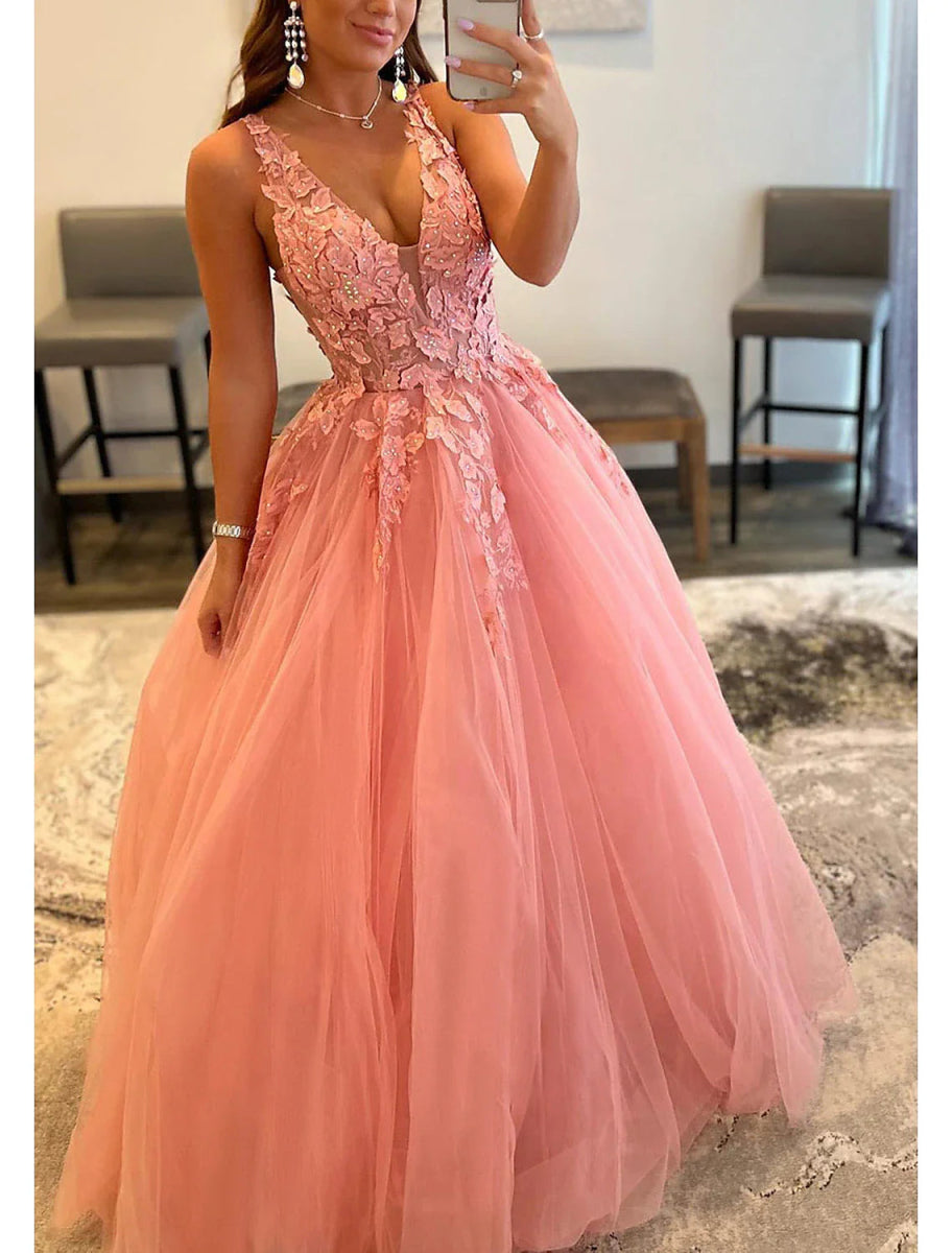 NumberSea - A - Line Prom Dresses Open Back Dress Formal Wedding Guest Floor Length Sleeveless V Neck Tulle Backless with Pleats Beading Appliques