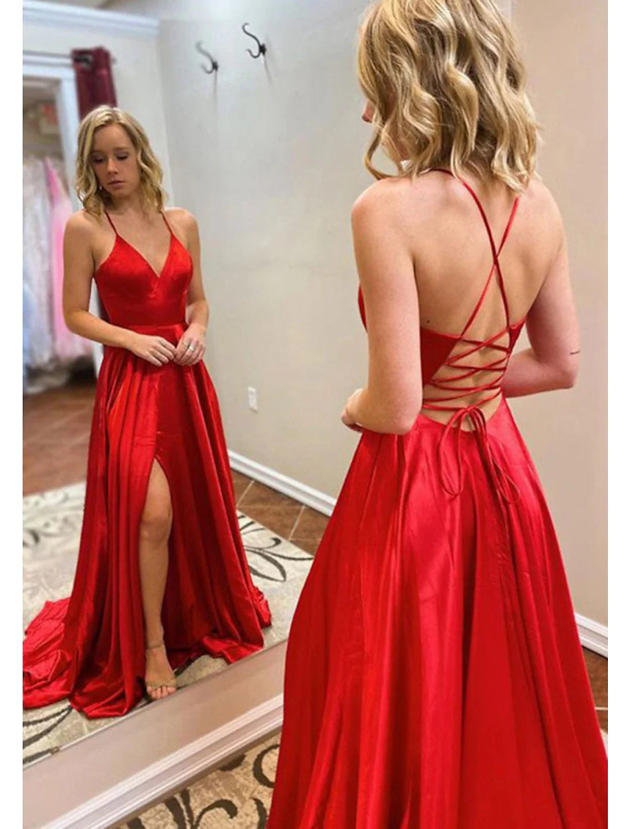 NumberSea - A - Line Prom Dresses Open Back Dress Formal Wedding Guest Sweep / Brush Train Sleeveless V Neck Imitation Silk Backless with Slit