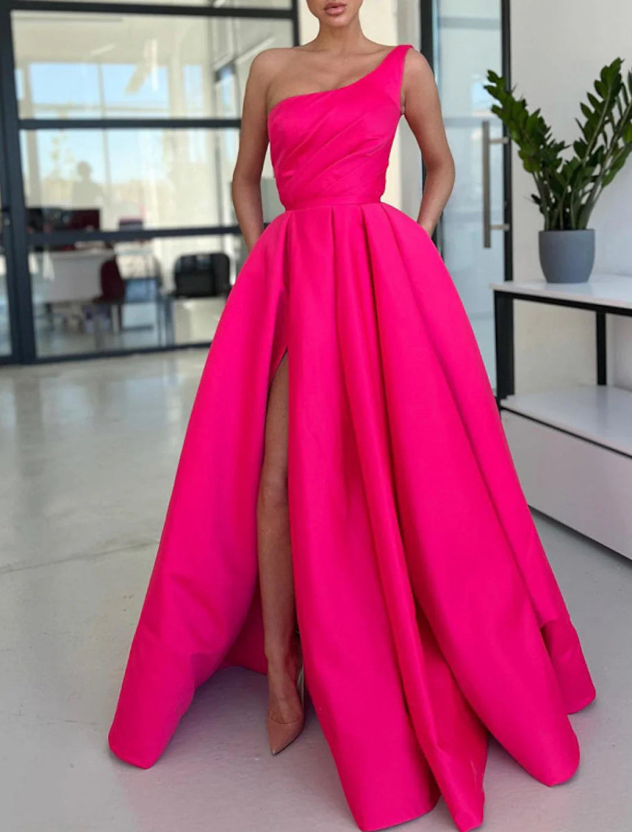 NumberSea - A - Line Prom Dresses Party Dress Formal Wedding Guest Sweep / Brush Train Sleeveless One Shoulder Satin with Ruched Slit