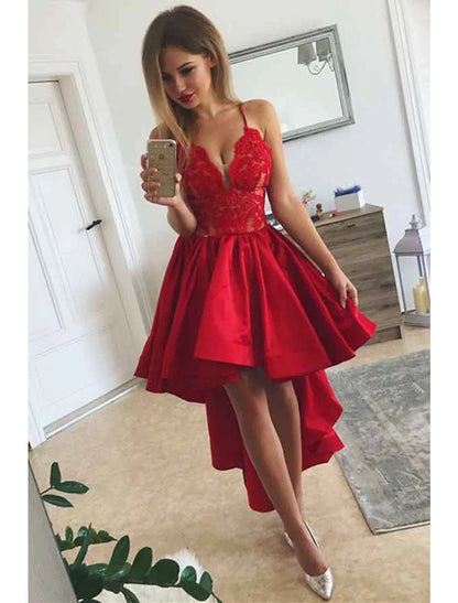 NumberSea - A - Line Prom Dresses Party Dress Homecoming Birthday Asymmetrical Sleeveless V Neck Satin with Pleats