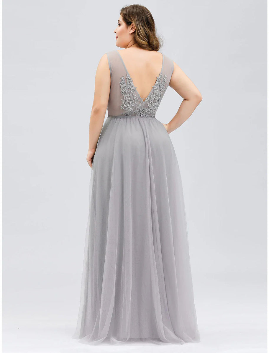 NumberSea - A - Line Prom Dresses Plus Size Dress Prom Floor Length Sleeveless V Neck Tulle V Back with Beading Appliques