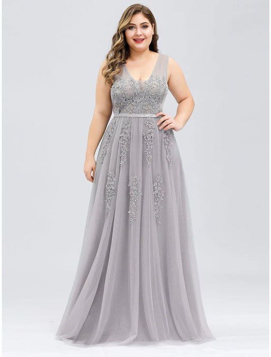 NumberSea - A - Line Prom Dresses Plus Size Dress Prom Floor Length Sleeveless V Neck Tulle V Back with Beading Appliques