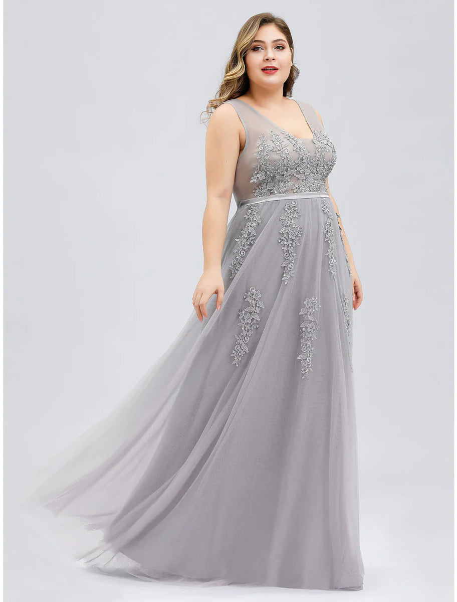 NumberSea - A - Line Prom Dresses Plus Size Dress Prom Floor Length Sleeveless V Neck Tulle V Back with Beading Appliques