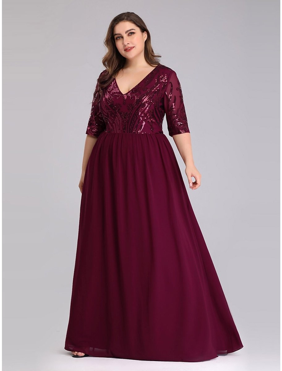 NumberSea - A - Line Prom Dresses Plus Size Dress Wedding Guest Floor Length Half Sleeve Plunging Neck Chiffon