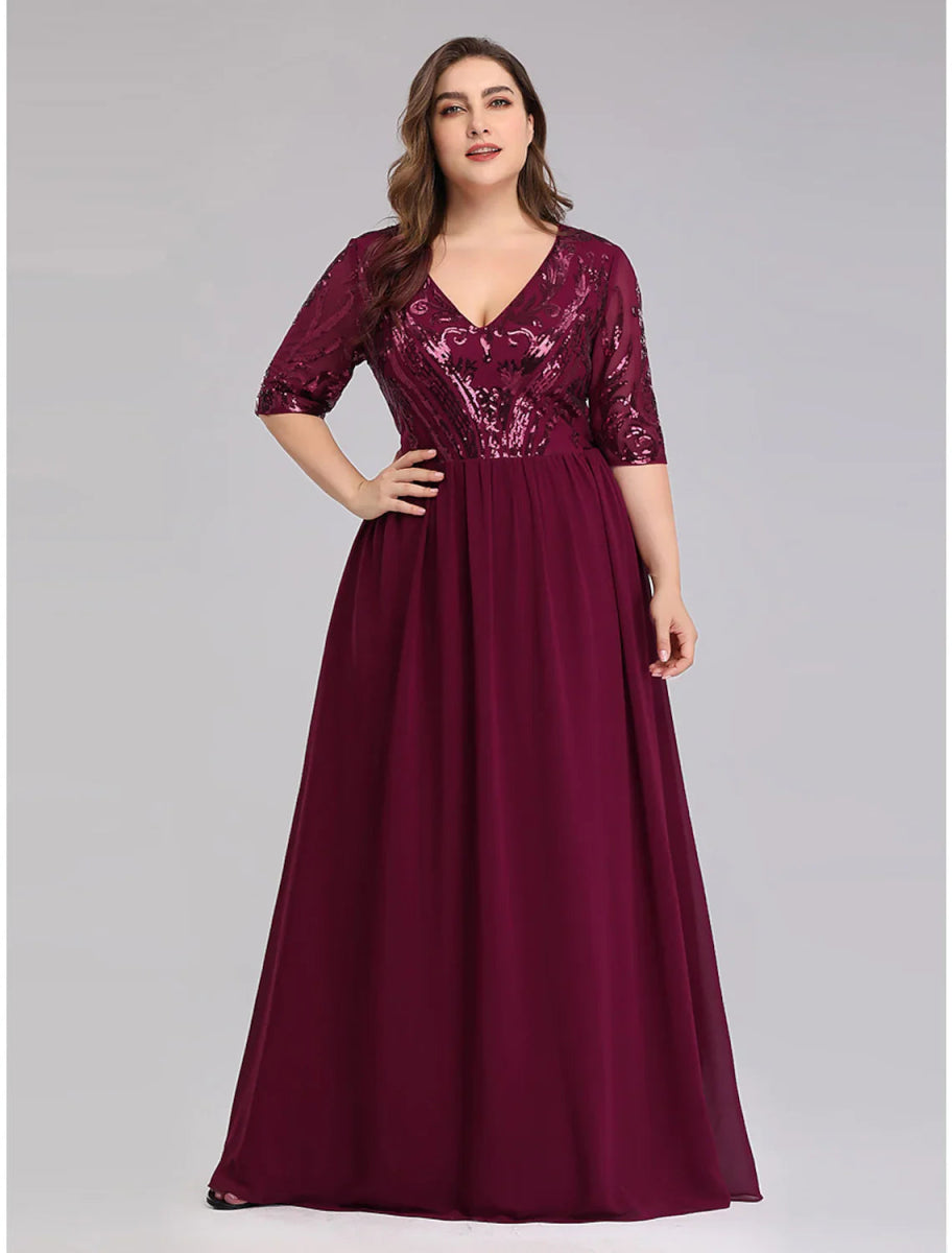 NumberSea - A - Line Prom Dresses Plus Size Dress Wedding Guest Floor Length Half Sleeve Plunging Neck Chiffon