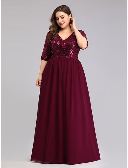 NumberSea - A - Line Prom Dresses Plus Size Dress Wedding Guest Floor Length Half Sleeve Plunging Neck Chiffon