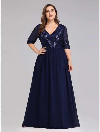 NumberSea - A - Line Prom Dresses Plus Size Dress Wedding Guest Floor Length Half Sleeve Plunging Neck Chiffon