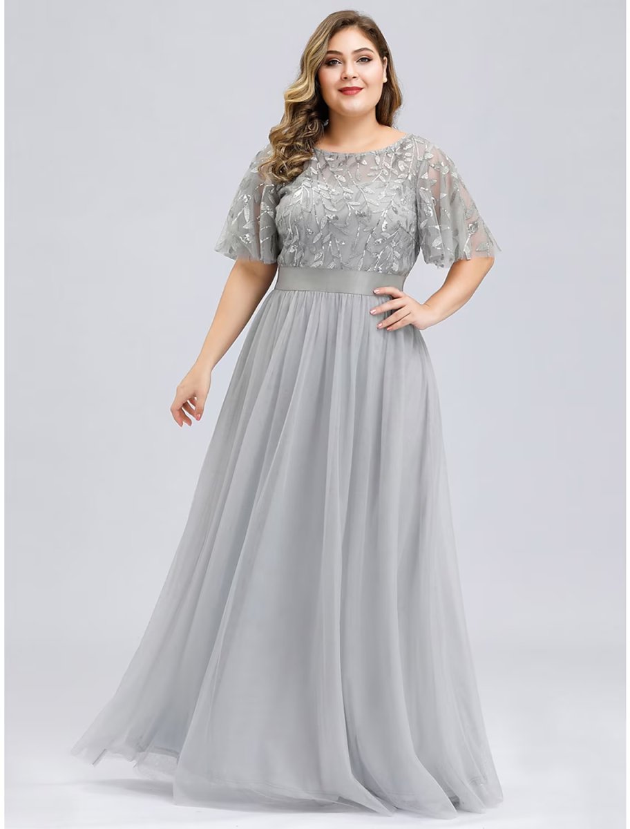 NumberSea - A - Line Prom Dresses Plus Size Dress Wedding Guest Floor Length Short Sleeve Jewel Neck Chiffon with Appliques