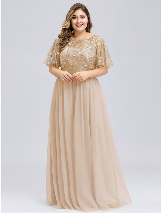 NumberSea - A - Line Prom Dresses Plus Size Dress Wedding Guest Floor Length Short Sleeve Jewel Neck Chiffon with Appliques