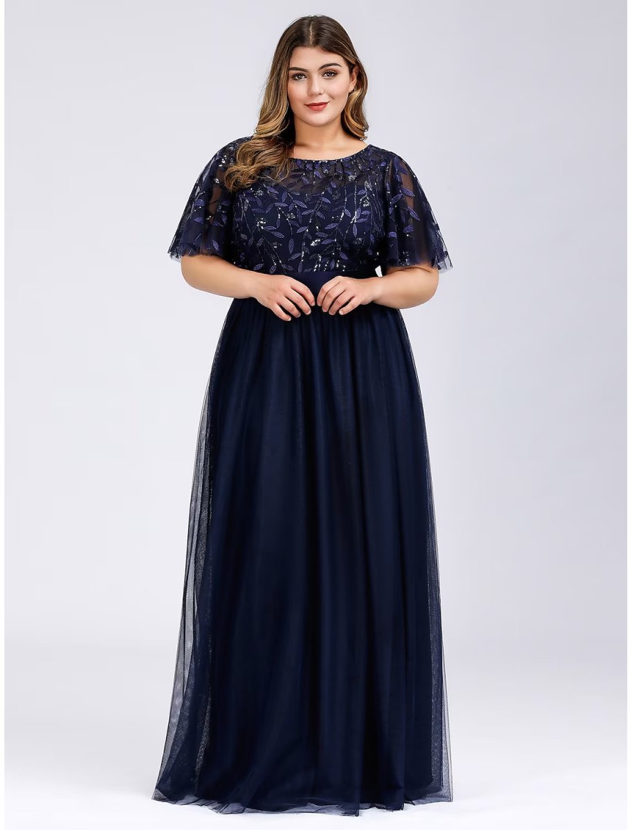 NumberSea - A - Line Prom Dresses Plus Size Dress Wedding Guest Floor Length Short Sleeve Jewel Neck Chiffon with Appliques