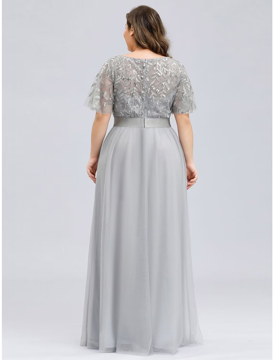 NumberSea - A - Line Prom Dresses Plus Size Dress Wedding Guest Floor Length Short Sleeve Jewel Neck Chiffon with Appliques