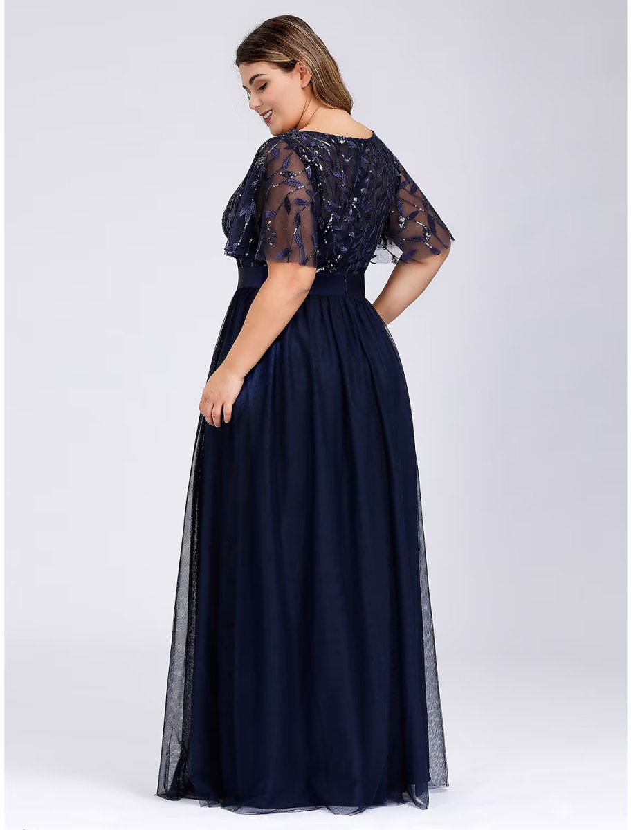 NumberSea - A - Line Prom Dresses Plus Size Dress Wedding Guest Floor Length Short Sleeve Jewel Neck Chiffon with Appliques