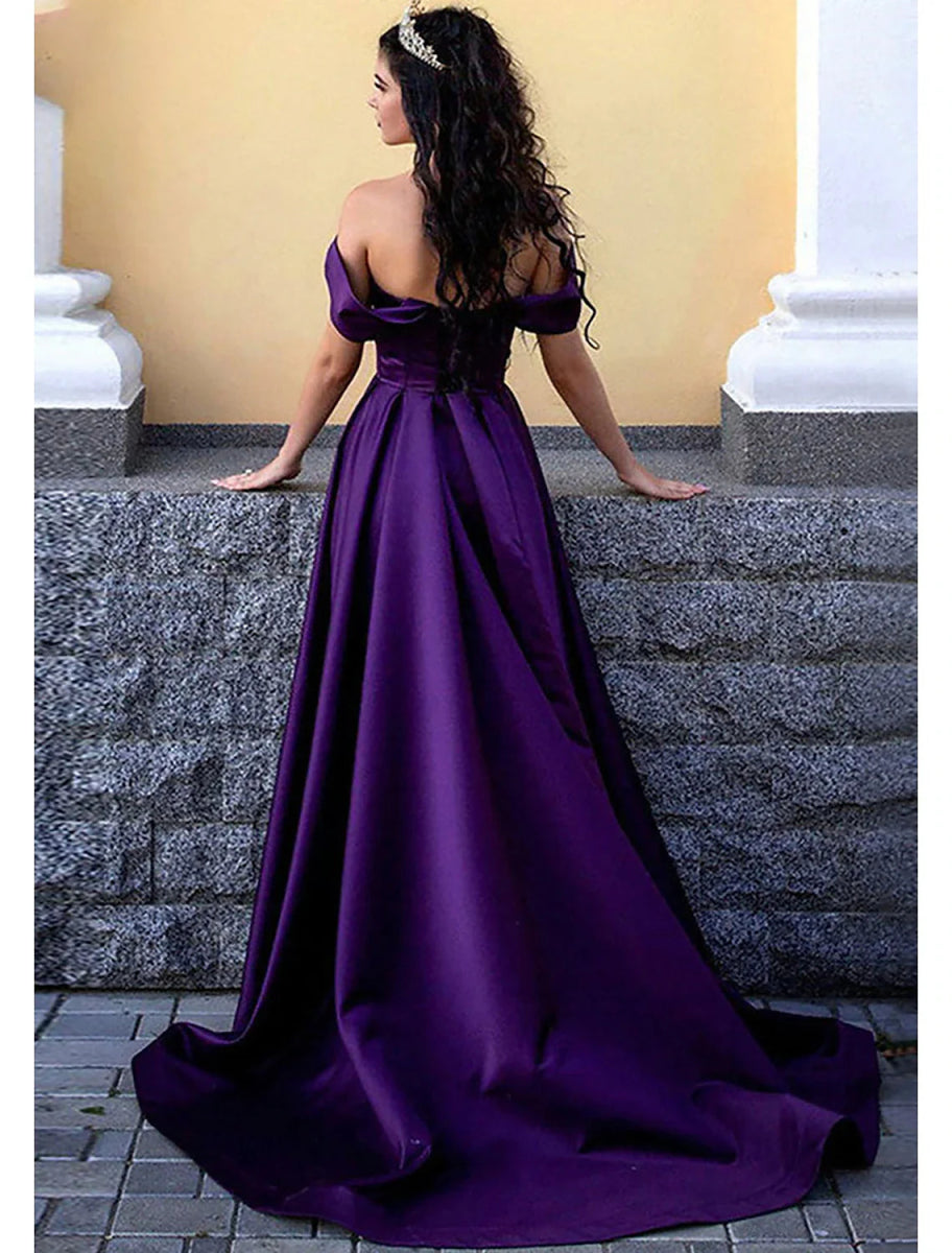 NumberSea - A - Line Prom Dresses Princess Dress Formal Prom Sweep / Brush Train Sleeveless Off Shoulder Satin with Pleats Slit