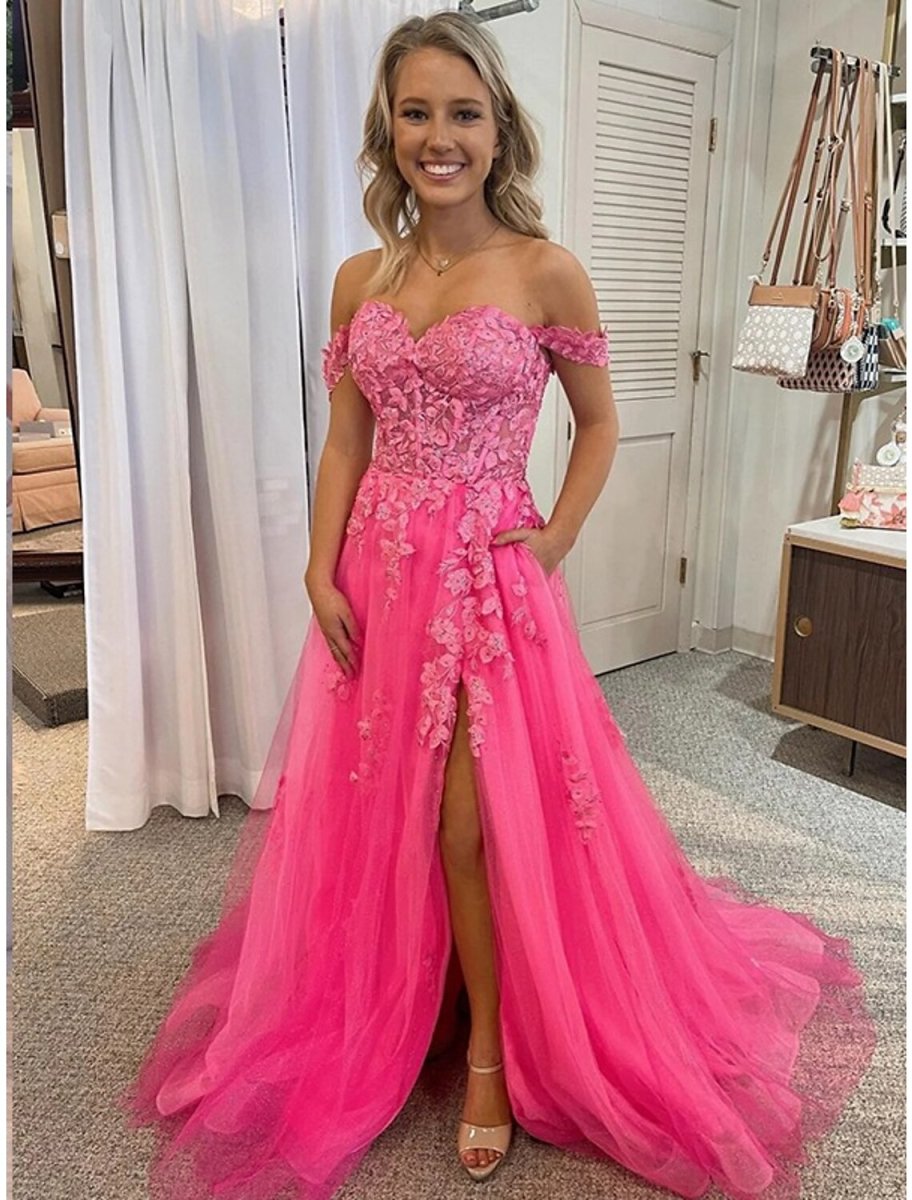 NumberSea - A - Line Prom Dresses Princess Dress Formal Sweep / Brush Train Sleeveless Off Shoulder Tulle Backless with Pleats Appliques