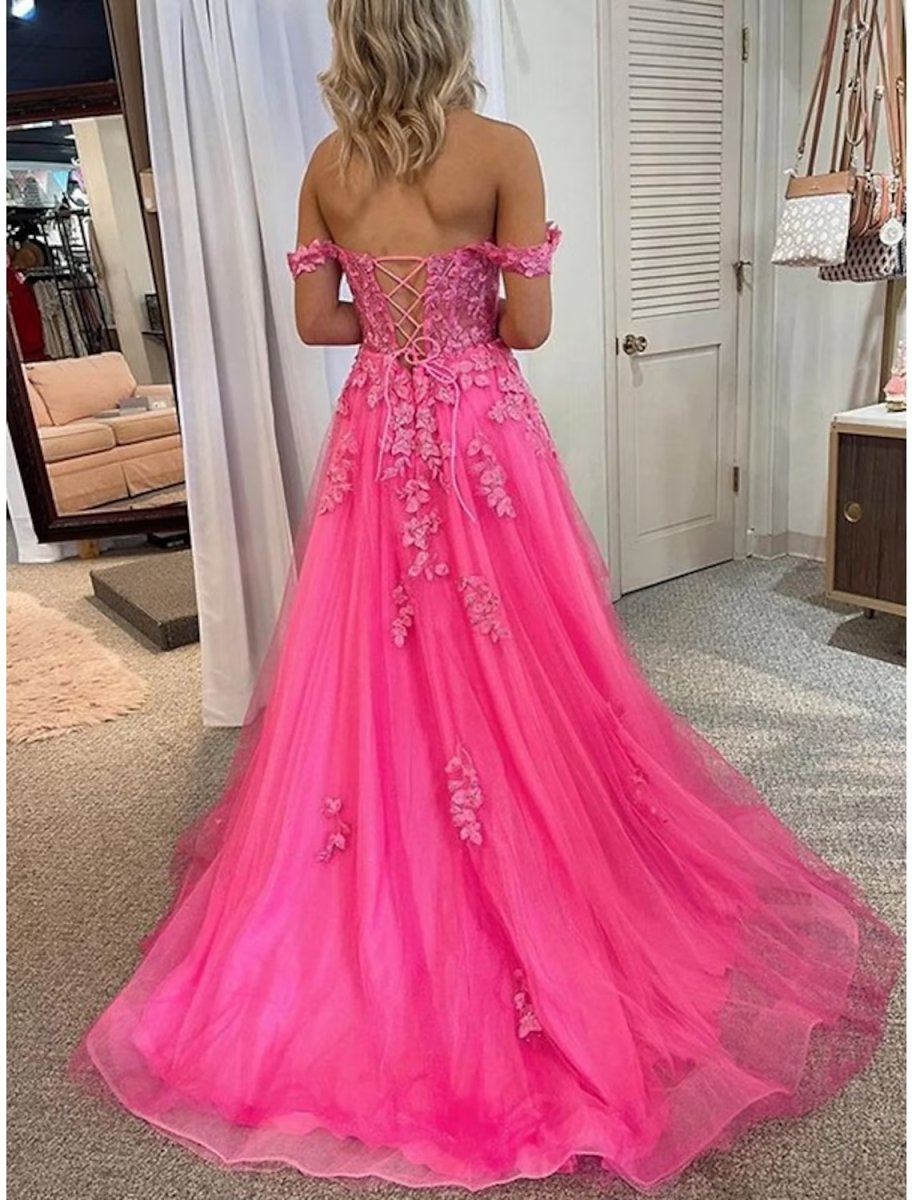 NumberSea - A - Line Prom Dresses Princess Dress Formal Sweep / Brush Train Sleeveless Off Shoulder Tulle Backless with Pleats Appliques