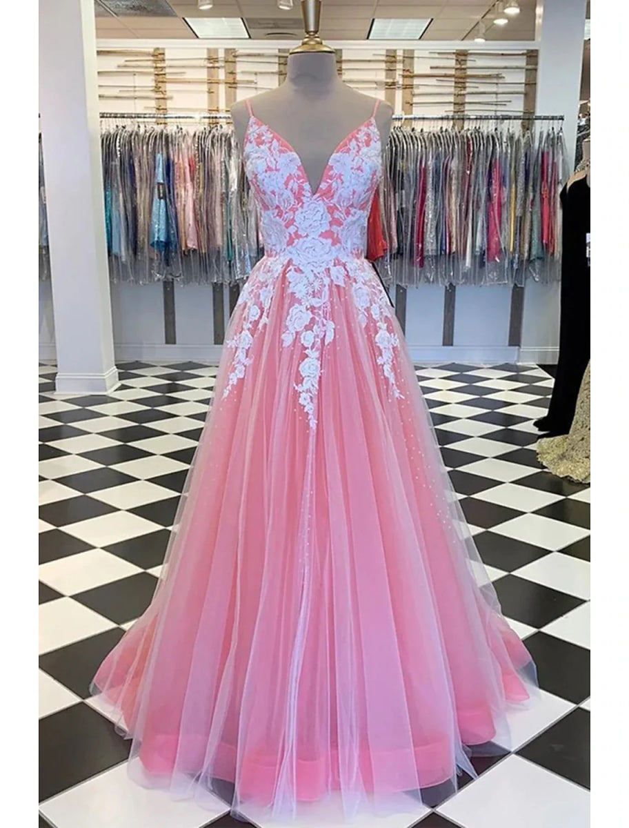 NumberSea - A - Line Prom Dresses Princess Dress Formal Wedding Party Floor Length Sleeveless V Neck Tulle with Pleats Appliques