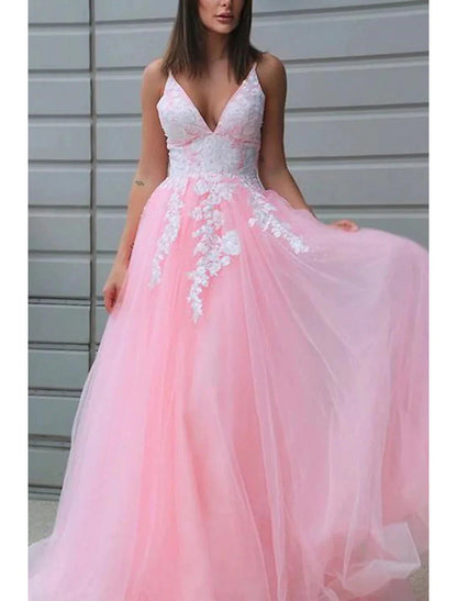 NumberSea - A - Line Prom Dresses Princess Dress Formal Wedding Party Floor Length Sleeveless V Neck Tulle with Pleats Appliques