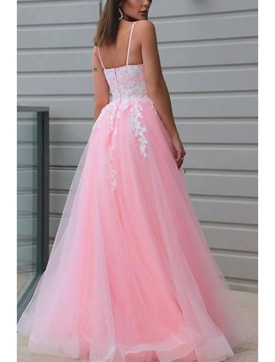 NumberSea - A - Line Prom Dresses Princess Dress Formal Wedding Party Floor Length Sleeveless V Neck Tulle with Pleats Appliques