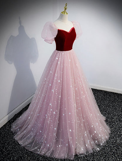 NumberSea - A - Line Prom Dresses Princess Dress Prom Valentine's Day Floor Length Short Sleeve Sweetheart Tulle with Sequin