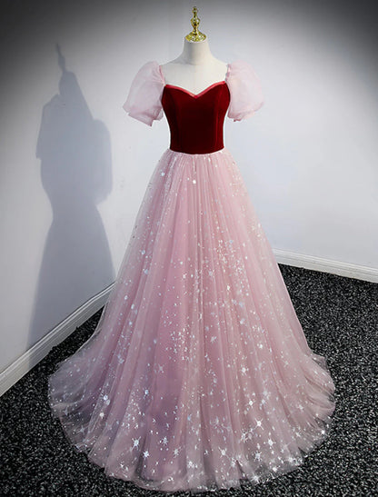 NumberSea - A - Line Prom Dresses Princess Dress Prom Valentine's Day Floor Length Short Sleeve Sweetheart Tulle with Sequin