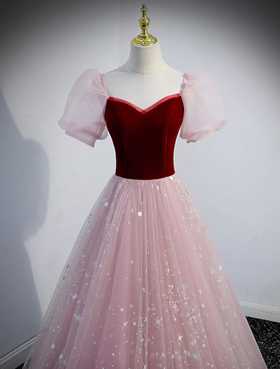 NumberSea - A - Line Prom Dresses Princess Dress Prom Valentine's Day Floor Length Short Sleeve Sweetheart Tulle with Sequin