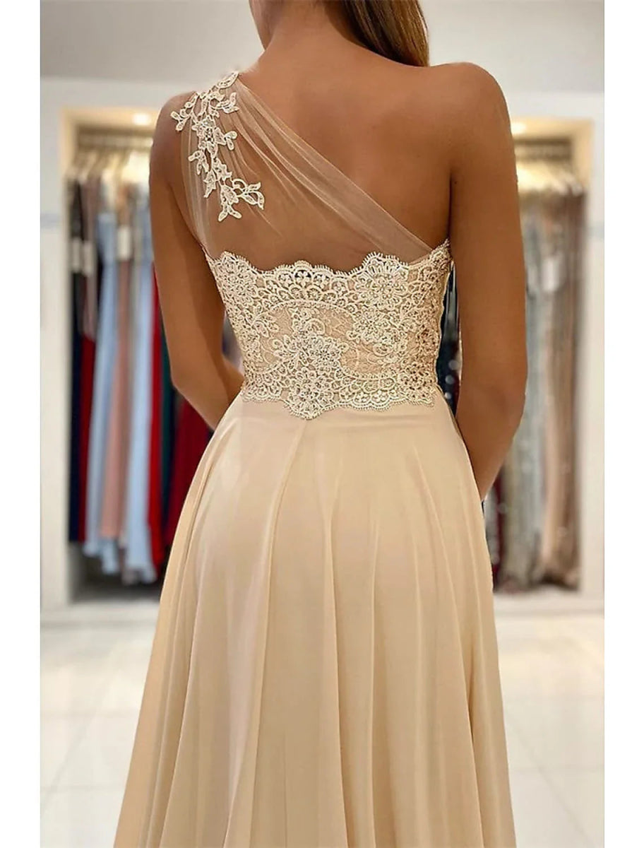 NumberSea - A - Line Prom Dresses Sexy Dress Formal Wedding Guest Court Train Sleeveless One Shoulder Chiffon with Slit Appliques