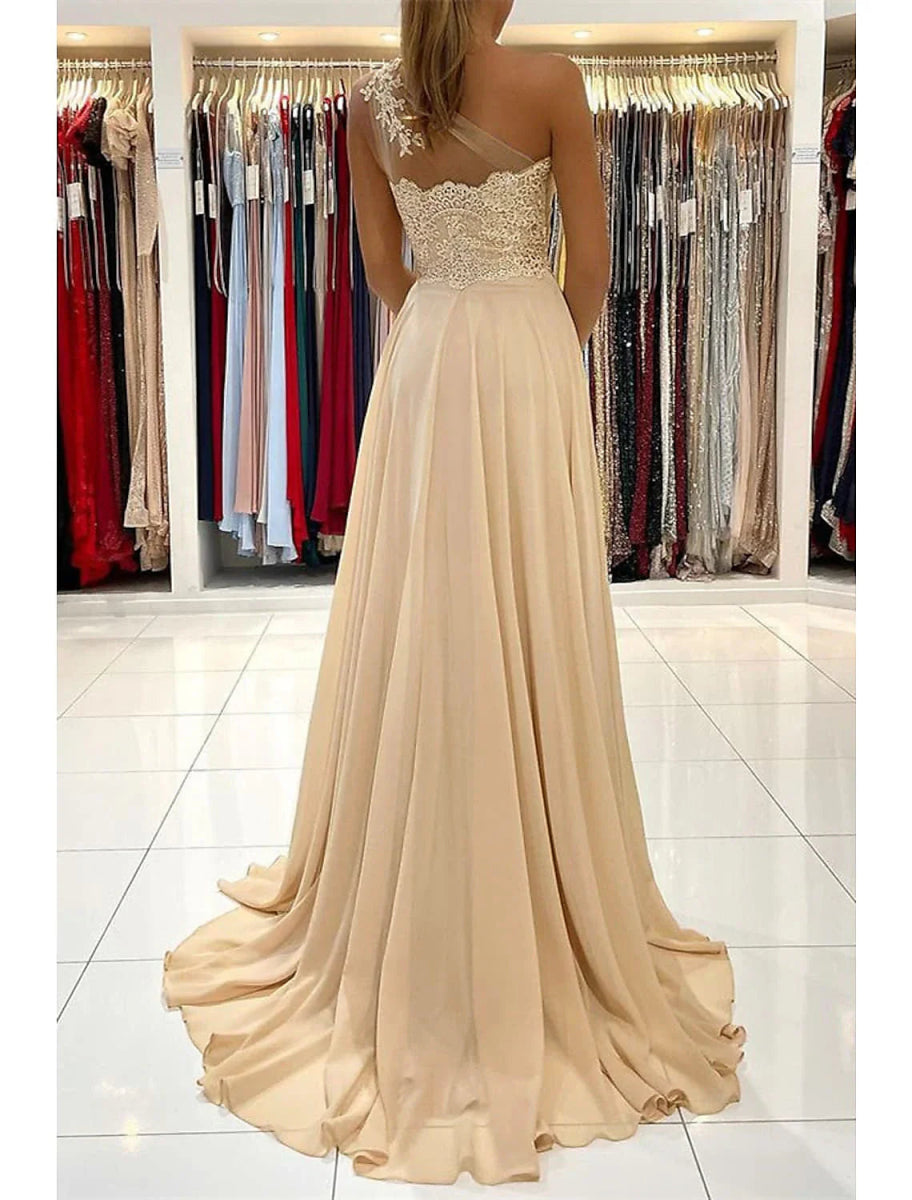 NumberSea - A - Line Prom Dresses Sexy Dress Formal Wedding Guest Court Train Sleeveless One Shoulder Chiffon with Slit Appliques