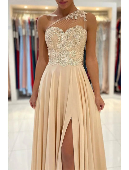 NumberSea - A - Line Prom Dresses Sexy Dress Formal Wedding Guest Court Train Sleeveless One Shoulder Chiffon with Slit Appliques