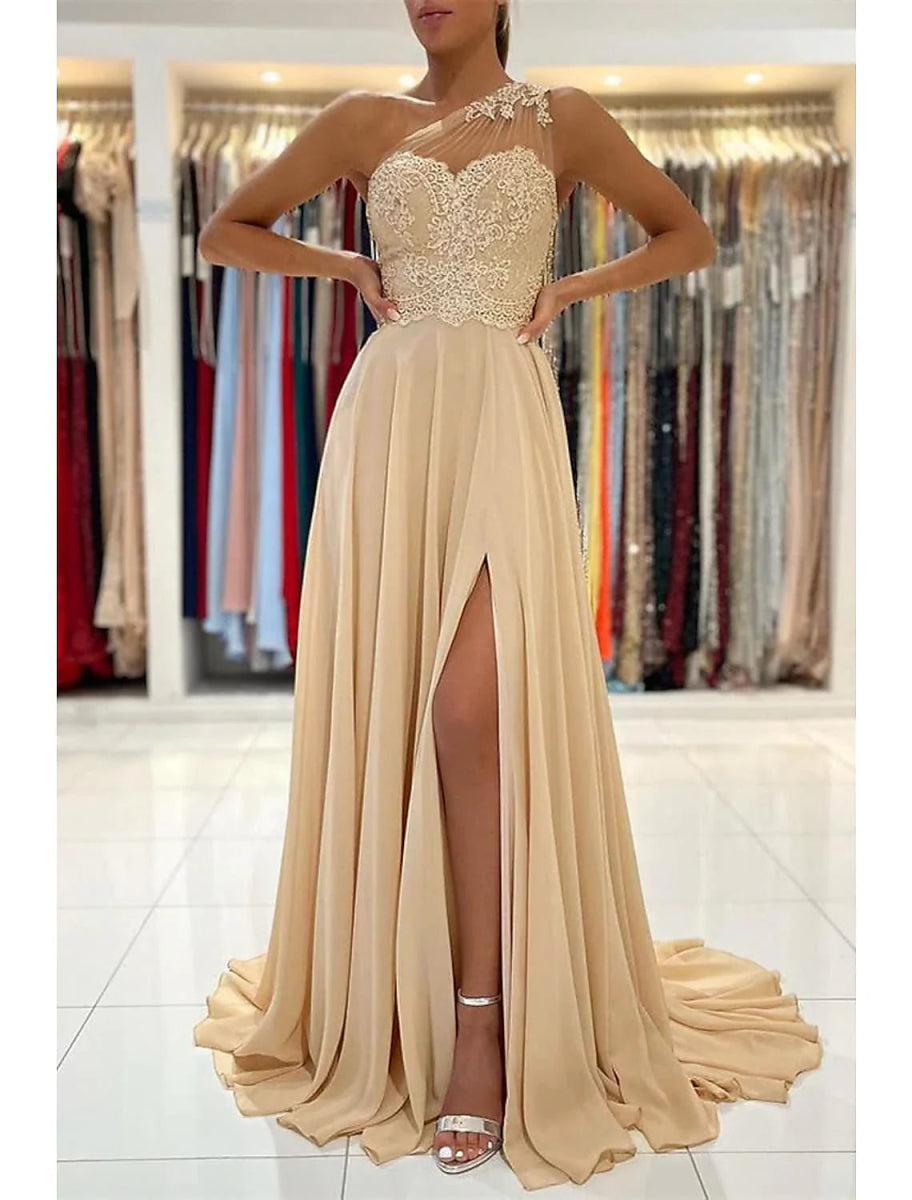 NumberSea - A - Line Prom Dresses Sexy Dress Formal Wedding Guest Court Train Sleeveless One Shoulder Chiffon with Slit Appliques