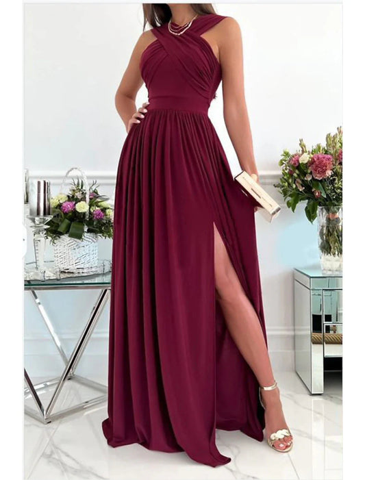 NumberSea - A - Line Prom Dresses Sexy Dress Formal Wedding Guest Floor Length Sleeveless Halter Neck Bridesmaid Dress Chiffon with Ruched Slit