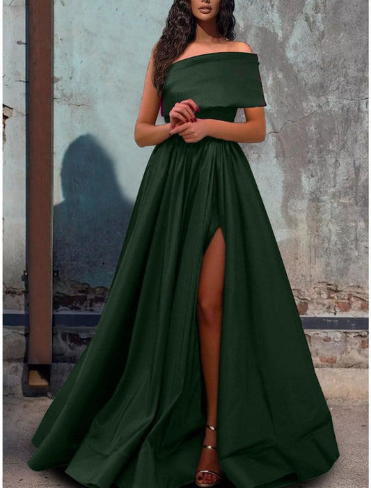 NumberSea - A - Line Prom Dresses Sexy Dress Party Wear Wedding Party Floor Length Short Sleeve One Shoulder Satin with Pleats Slit